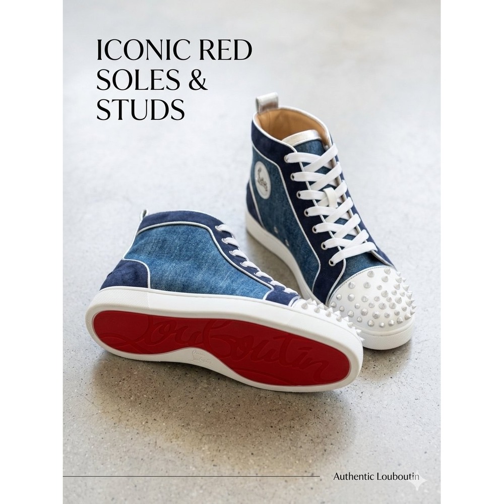 Christian Louboutin Louis Flat Spikes Denim Suede High Top Sneakers Blue NWT M13